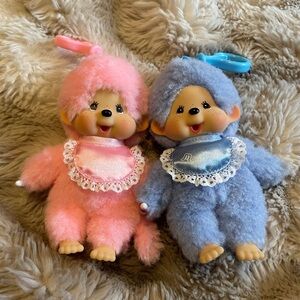 Monchhichi Pink and Blue Plush Keychain Set
